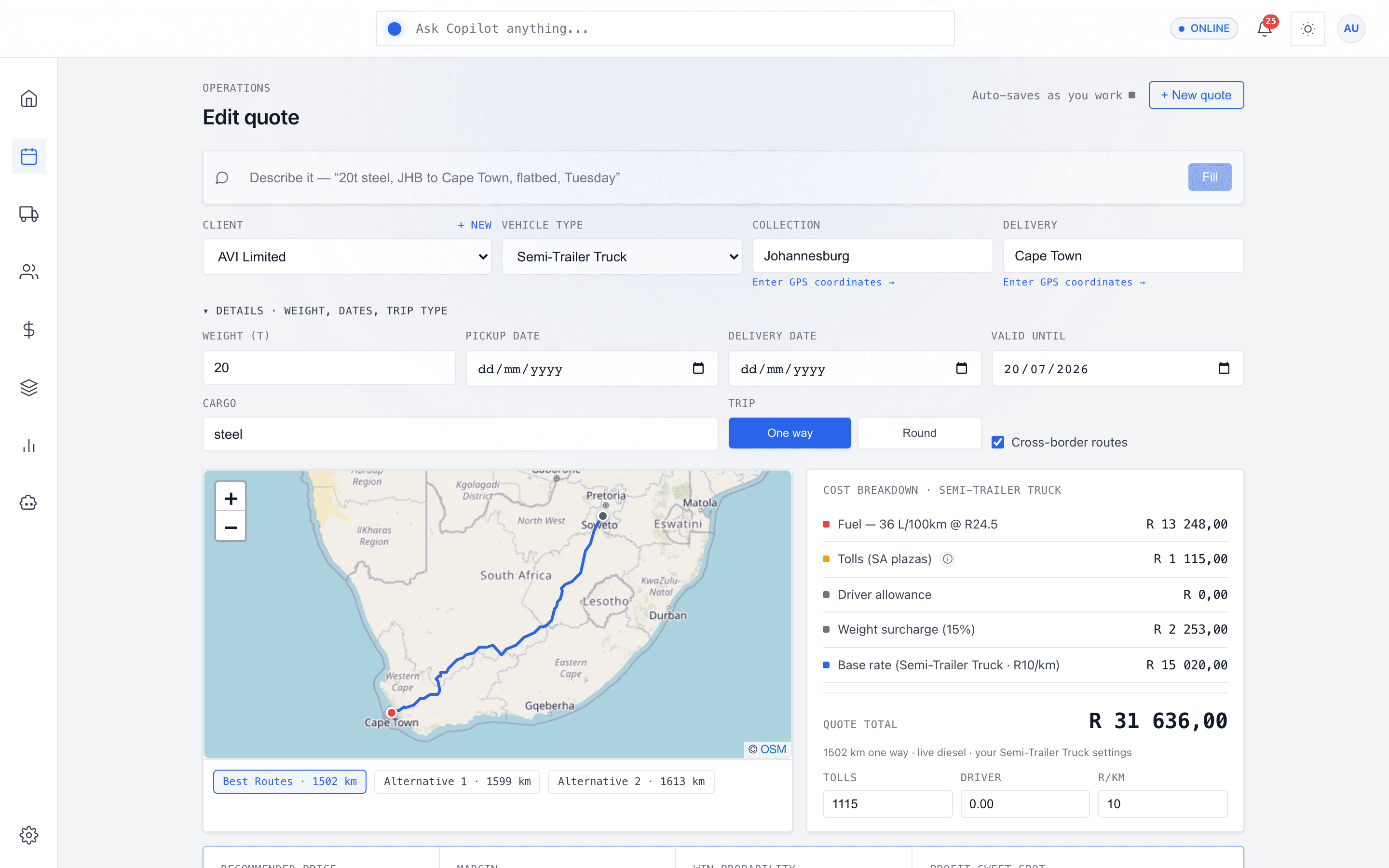 The TruckWys quote builder with route options, cost breakdown and the AI recommended price
