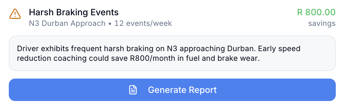 Harsh braking events alert showing N3 Durban Approach with 12 events per week and R 800 savings potential