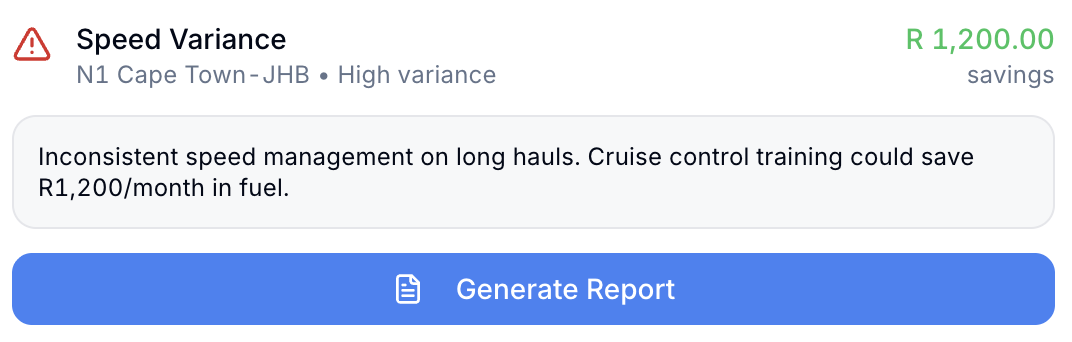 Speed variance alert showing N1 Cape Town-JHB route with high variance and R 1,200 savings potential